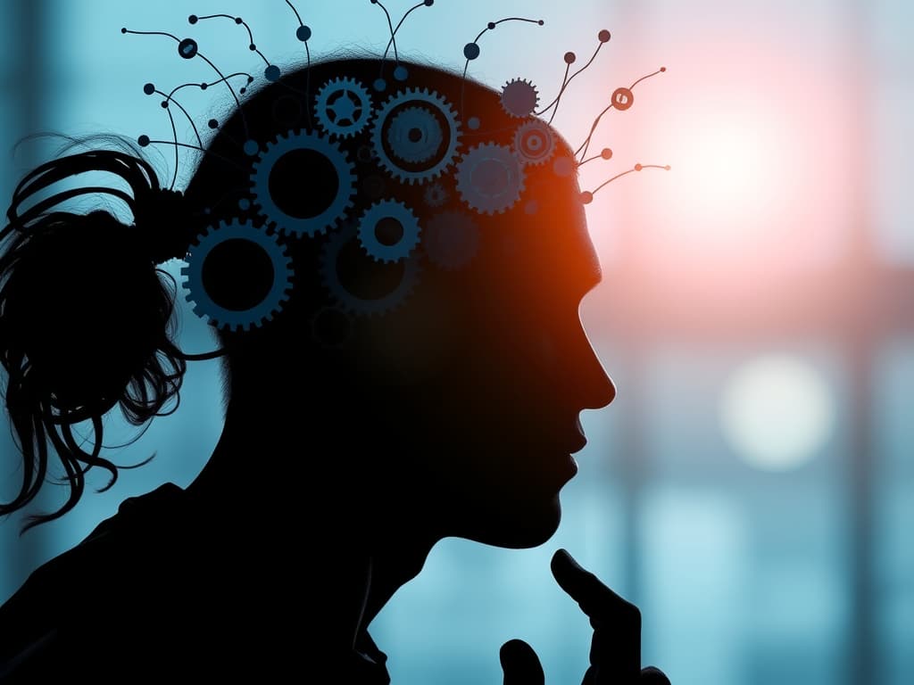 A silhouetted man's head with cogs showing inside his brain